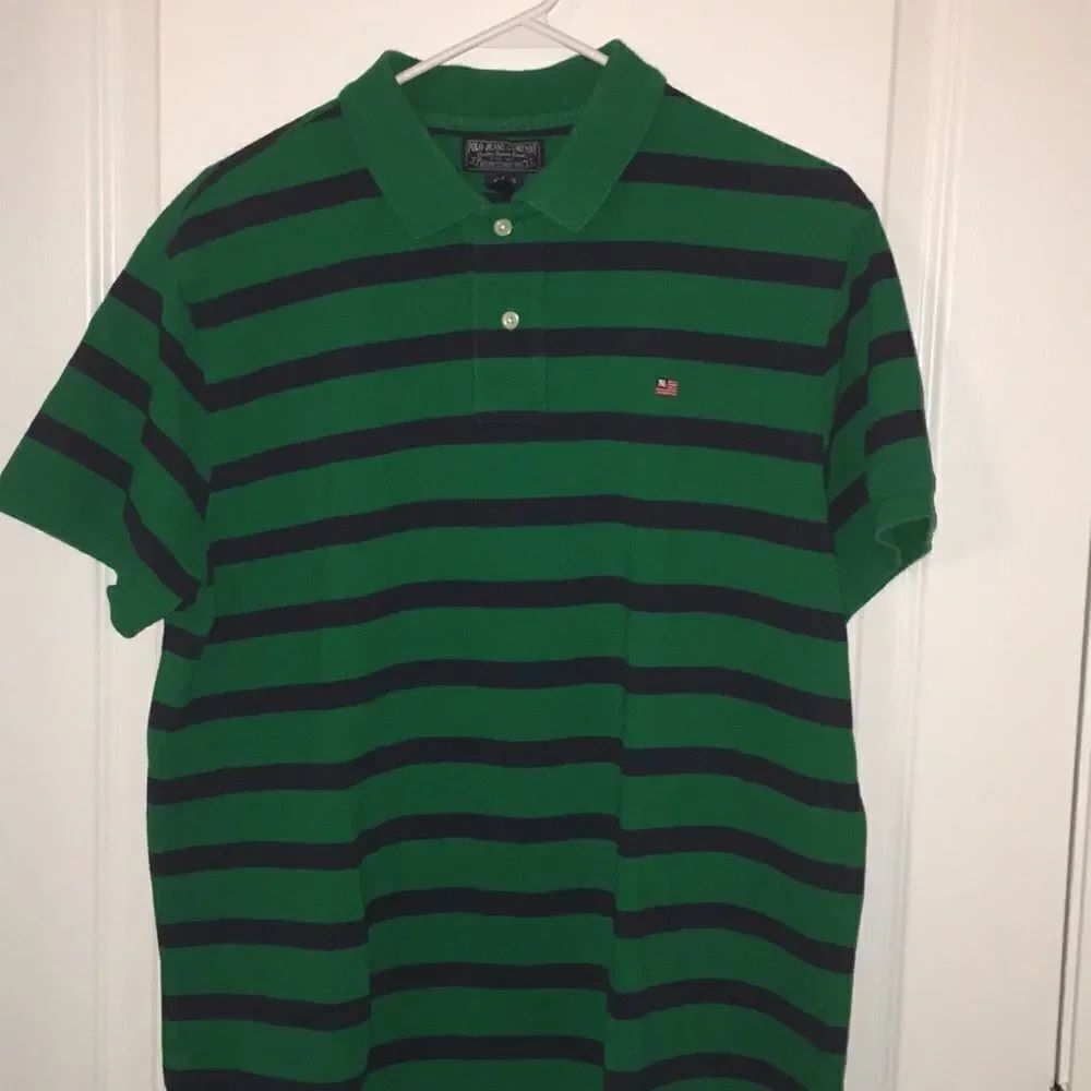 Polo Jeans Company Ralph Lauren Flag Green Blue stripe mens Golf shirt XL